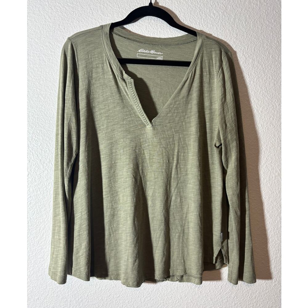 Eddie Bauer Women's Size L Green Split V-Neck Long Sleeve Cotton Modal T-Shirt